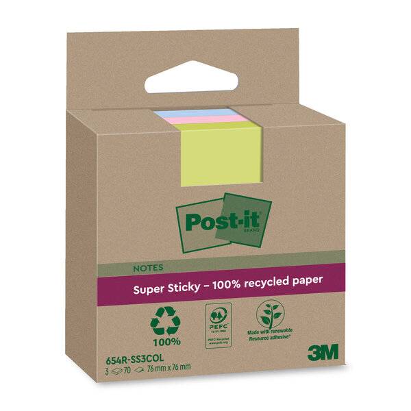 Haftnotiz Super Sticky 100% Recycling Notes - 76 x 76 mm sortiert 3x 70 Blatt.-0