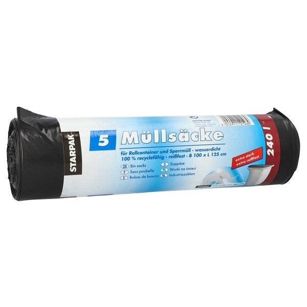 5 Müllsäcke, LDPE 240 l 125 cm x 100 cm schwarz extra stark und extra reißfest, 60 my-0