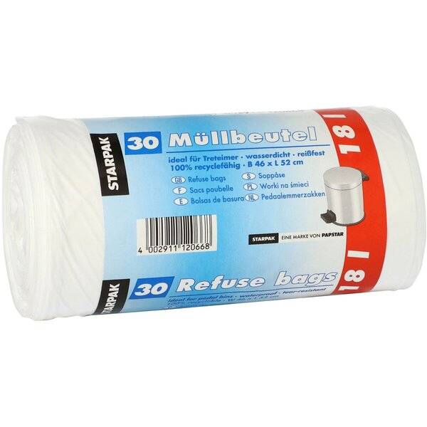 30 Müllbeutel, LDPE 18 l 52 cm x 46 cm weiss 18 my
