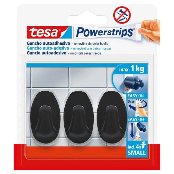 TESA Powerstrips, Drinnen, Universalhaken, Schwarz, Polystyrol (PS), Klebestreifen, 1 kg-0