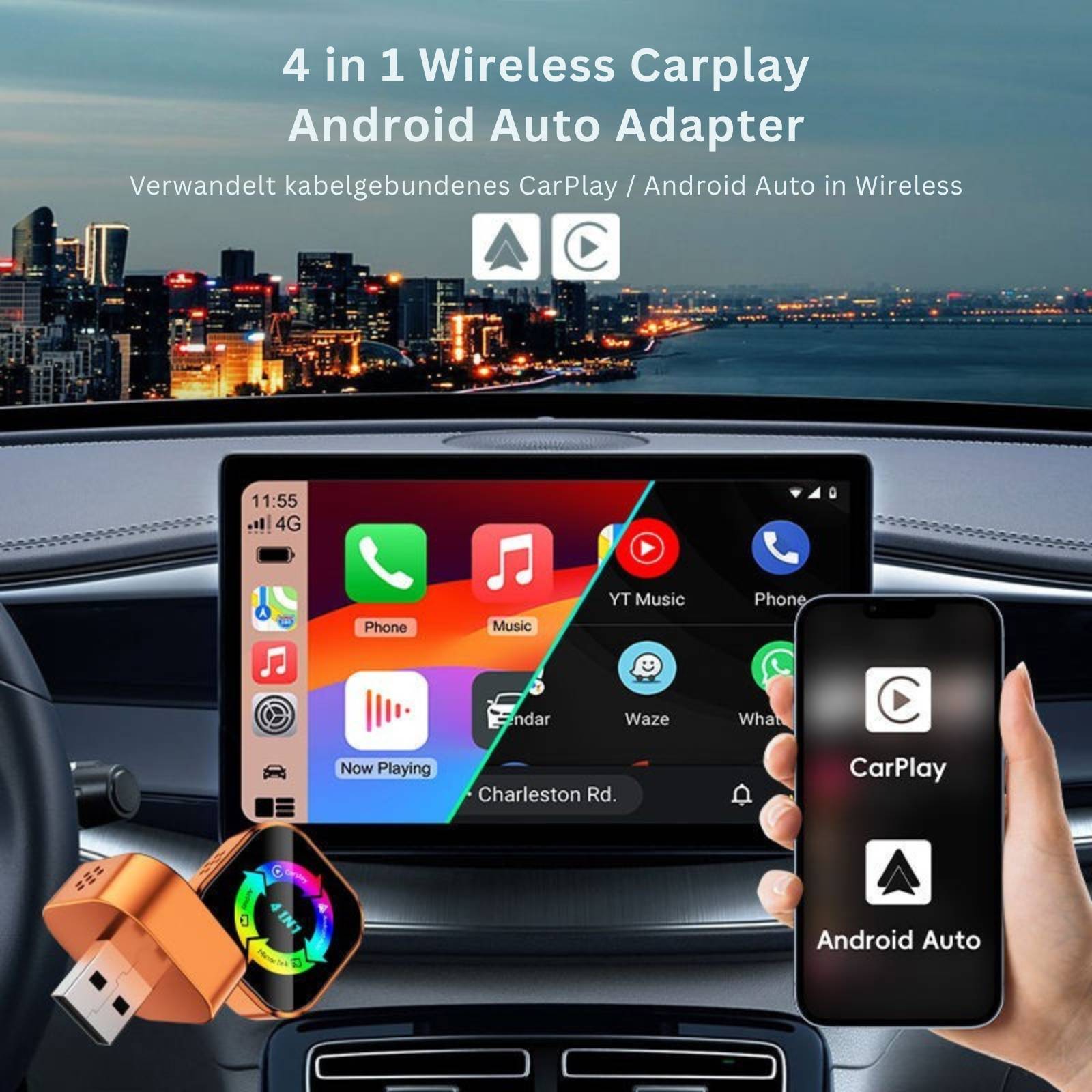 4-in-1 Wireless CarPlay & Android Auto Adapter – Mit MirrorLink, AirPlay & Video-Streaming für YouTube & TikTok-1