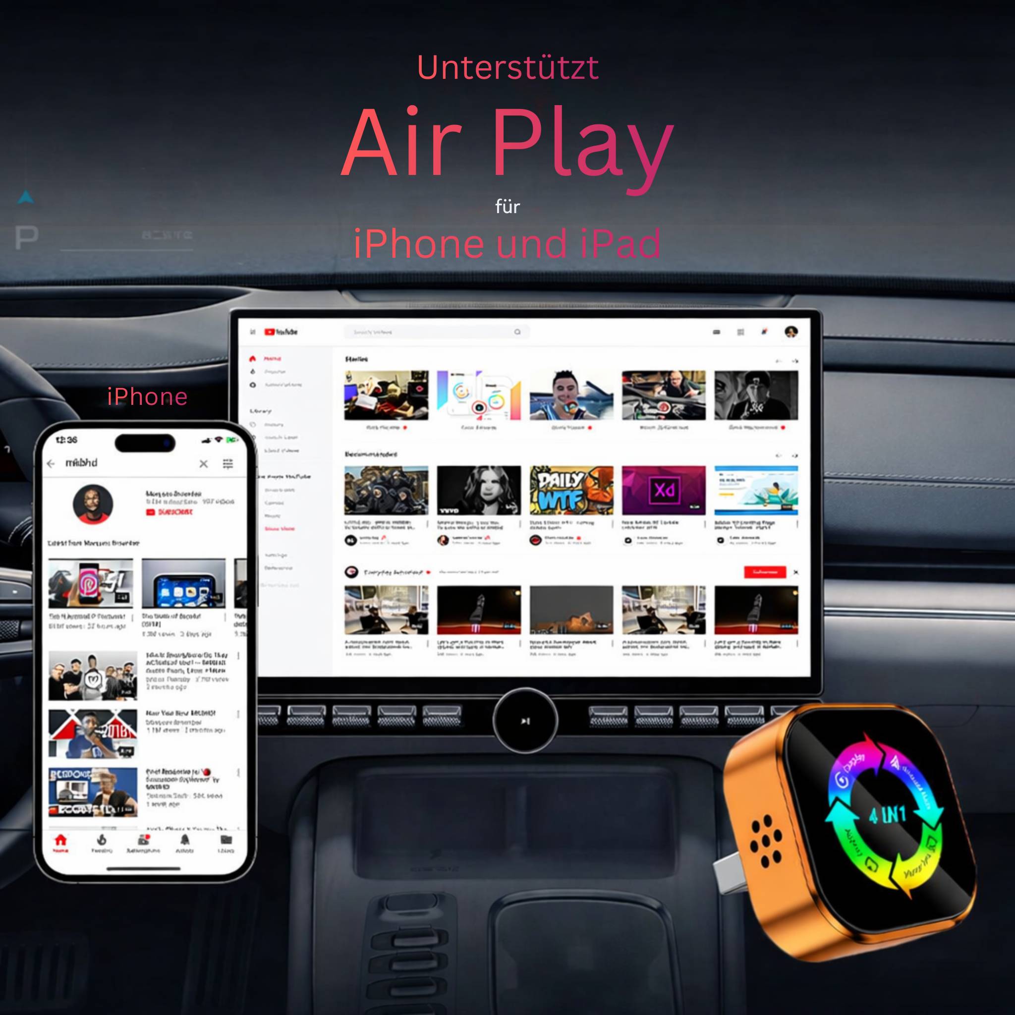4-in-1 Wireless CarPlay & Android Auto Adapter – Mit MirrorLink, AirPlay & Video-Streaming für YouTube & TikTok-3