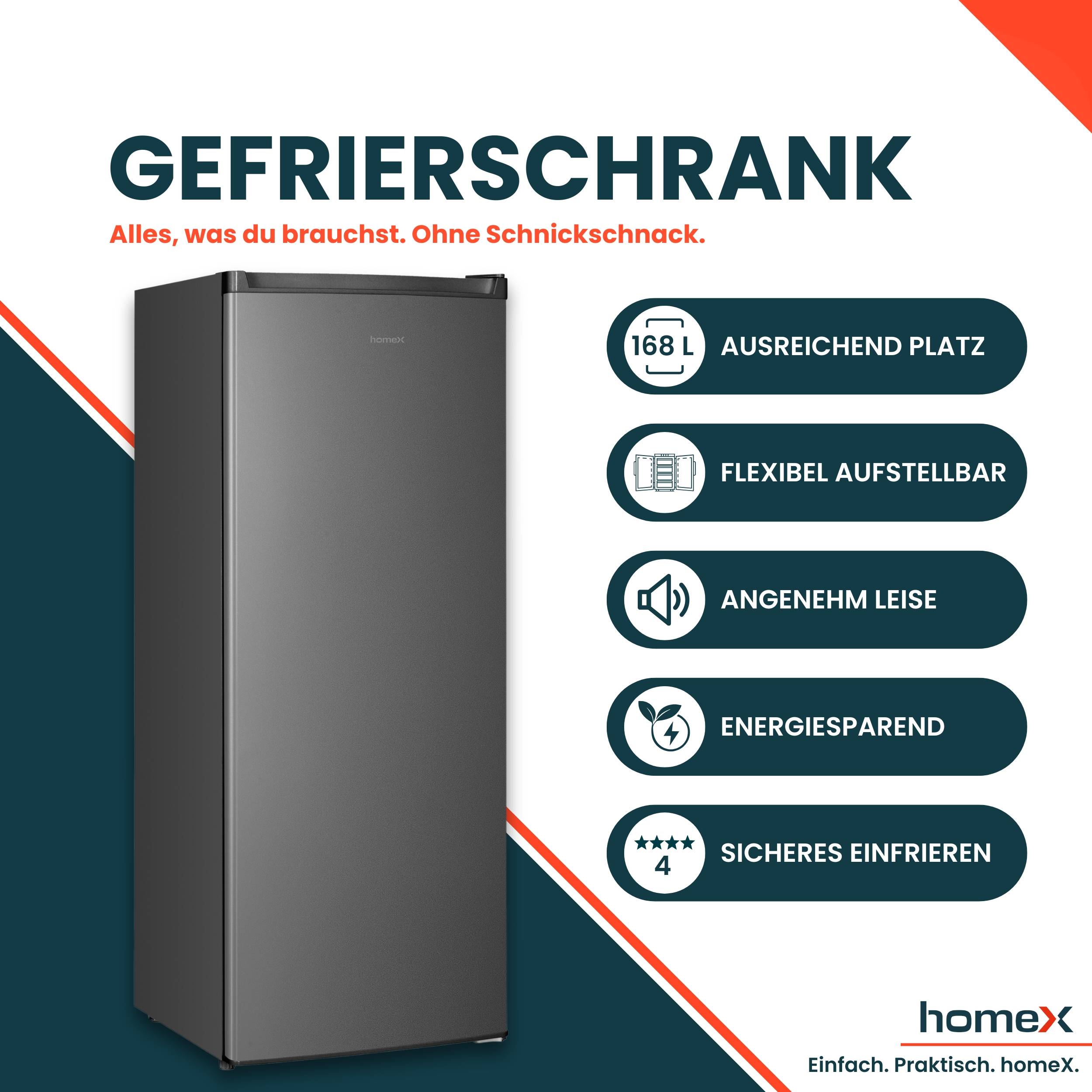 homeX FS1682E-S Gefrierschrank, Tiefkühlschrank groß - 168L Nutzinhalt, 4-Sterne Gefrieren, Freezer, leise 37 dB, silber-1