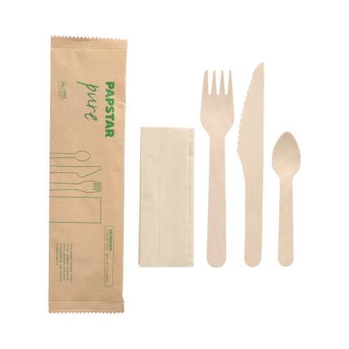 50 Bestecksets Holz "pure" : Messer, Gabel, Kaffeelöffel, Serviette in Papierbeutel-0