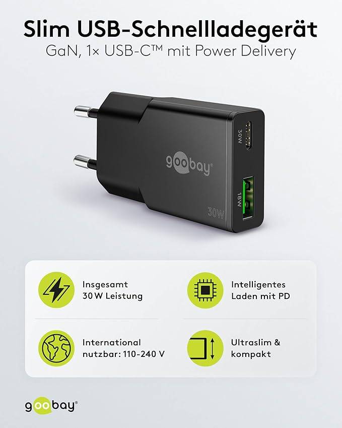 Goobay 75737 USB Dual GaN Schnellladegerät Slim (30 W), USB-C™ PD & USB-A QC, superflaches Design, Schwarz-1