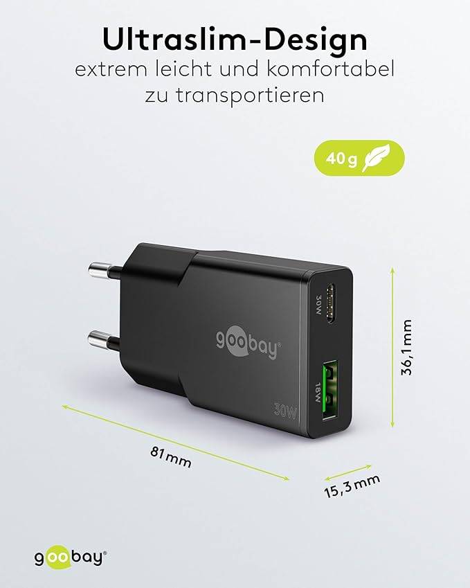 Goobay 75737 USB Dual GaN Schnellladegerät Slim (30 W), USB-C™ PD & USB-A QC, superflaches Design, Schwarz-2