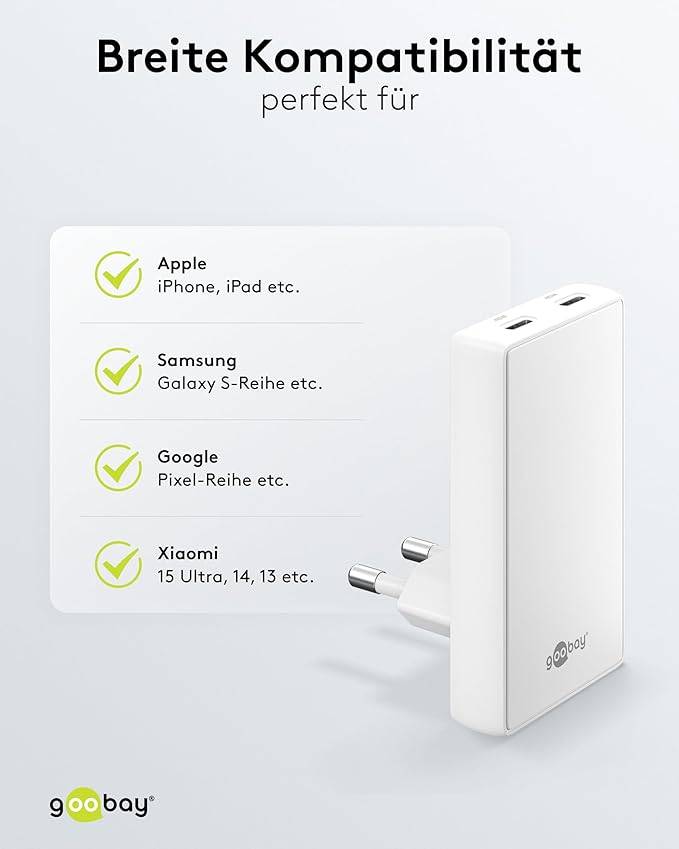 Goobay 75722 USB-C GaN Schnellladegerät 90° Flat (45 W), Power Delivery, Dual-Port 2x USB-C, hinter Möbel, Weiß-6