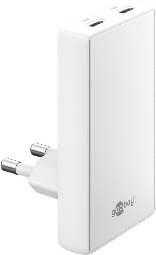 Goobay 75722 USB-C GaN Schnellladegerät 90° Flat (45 W), Power Delivery, Dual-Port 2x USB-C, hinter Möbel, Weiß