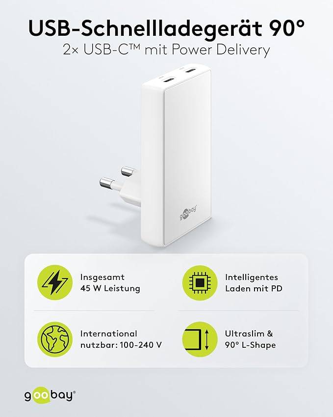 Goobay 75722 USB-C GaN Schnellladegerät 90° Flat (45 W), Power Delivery, Dual-Port 2x USB-C, hinter Möbel, Weiß-1