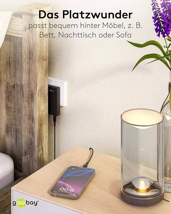 Goobay 75722 USB-C GaN Schnellladegerät 90° Flat (45 W), Power Delivery, Dual-Port 2x USB-C, hinter Möbel, Weiß-2