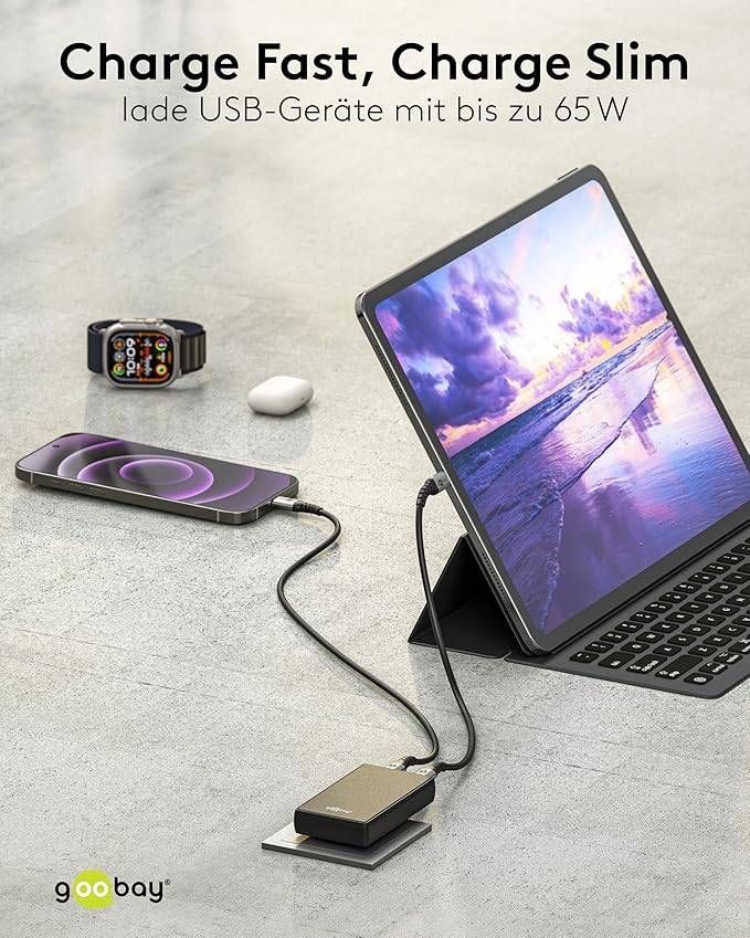 Goobay 75723 USB-C GaN Schnellladegerät 90° Flat (60 W), Power Delivery, Dual-Port 1x USB-C & 1x USB-A, Schwarz-5