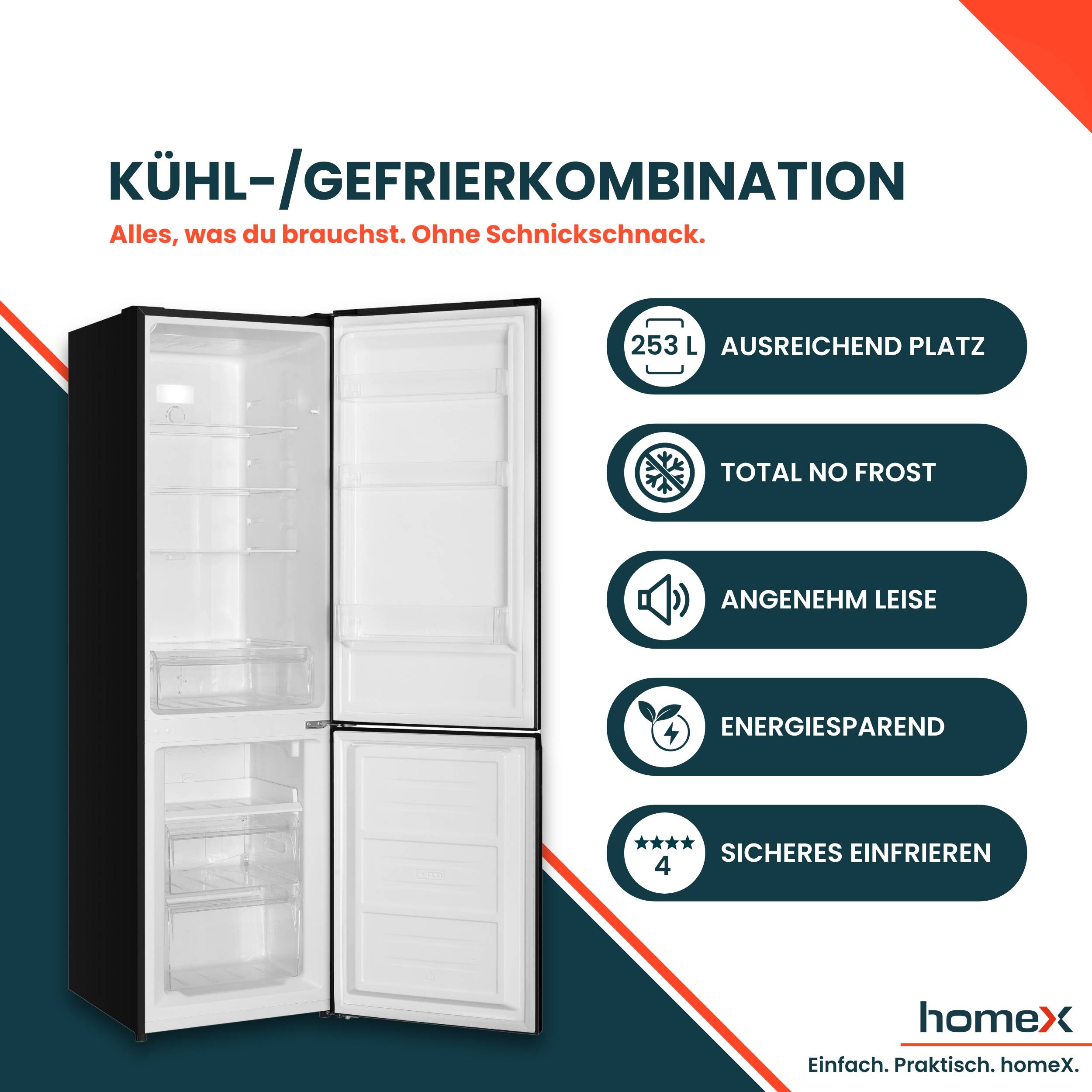 homeX Kühlschrank mit Gefrierfach No Frost, Kühl-Gefrier-Kombination freistehend, groß - 253 Liter, schwarz, CFSN2531C-B-1