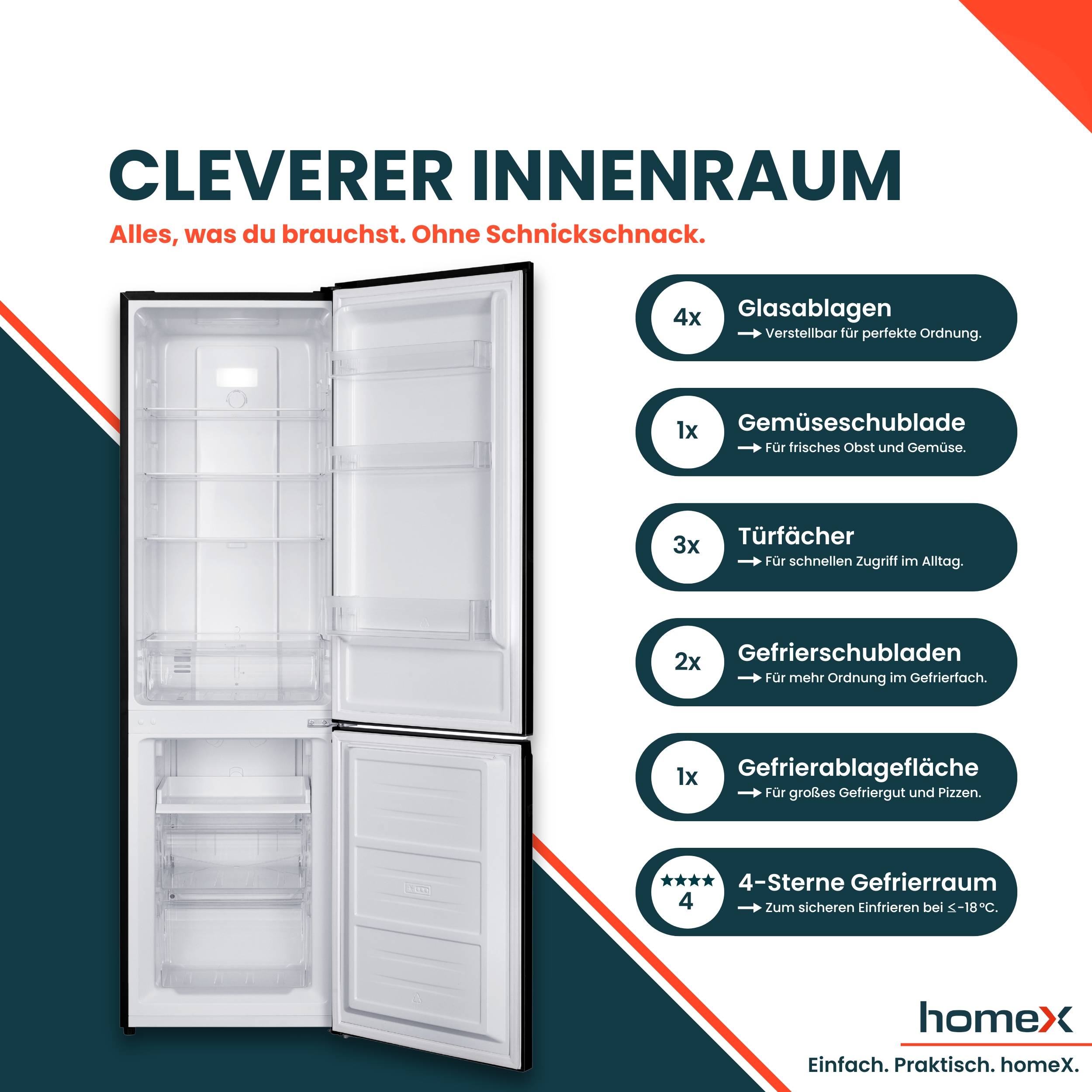 homeX Kühlschrank mit Gefrierfach No Frost, Kühl-Gefrier-Kombination freistehend, groß - 253 Liter, schwarz, CFSN2531C-B-3