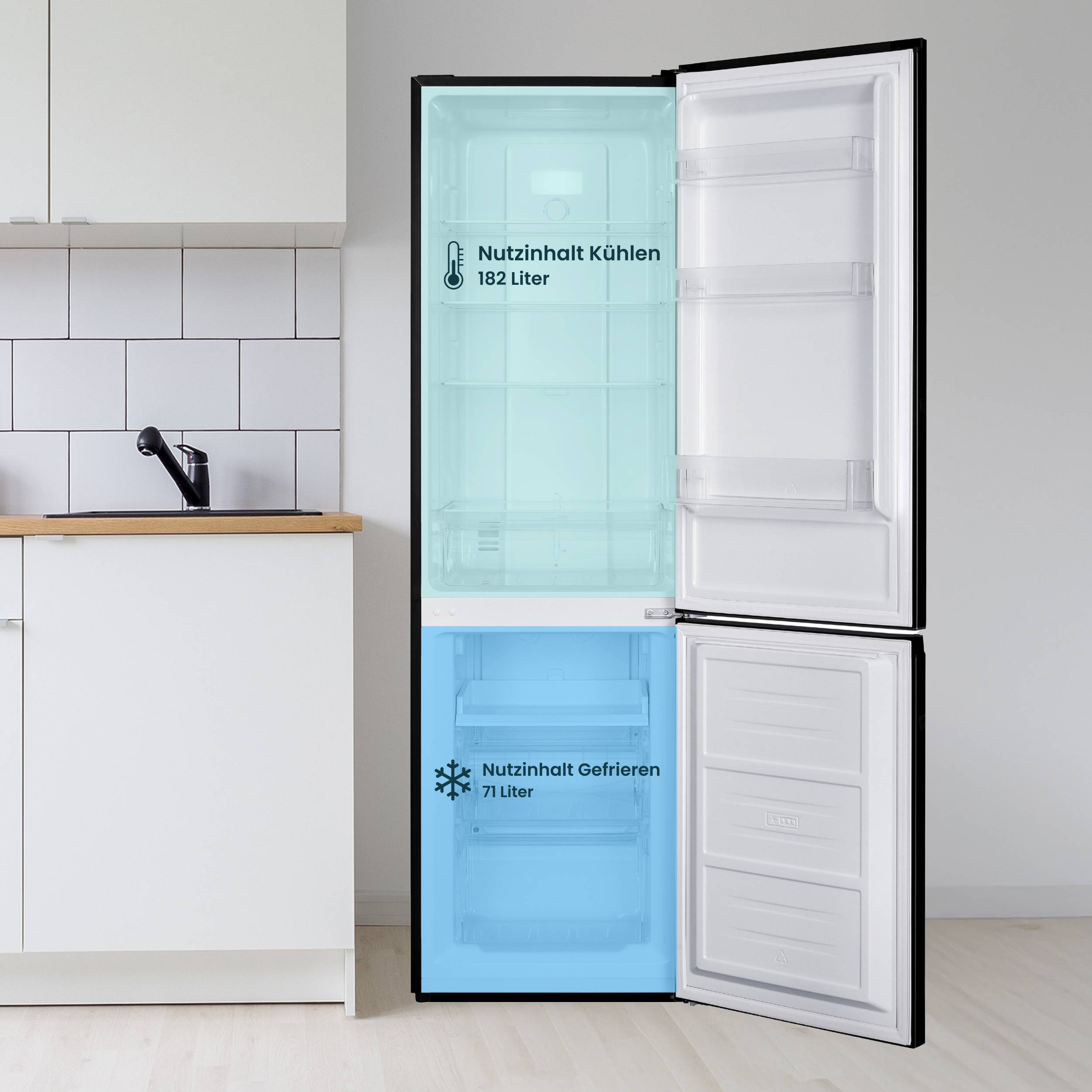 homeX Kühlschrank mit Gefrierfach No Frost, Kühl-Gefrier-Kombination freistehend, groß - 253 Liter, schwarz, CFSN2531C-B-4