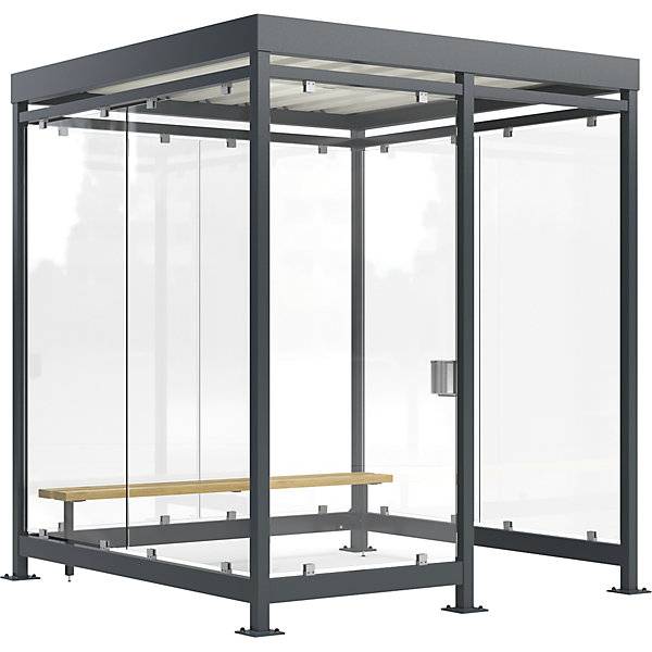 Überdachung Köln mit Sitzbank und Ascher offen fertig montiert B 2165 mm mit Sitzbank 7 Glaselemente.