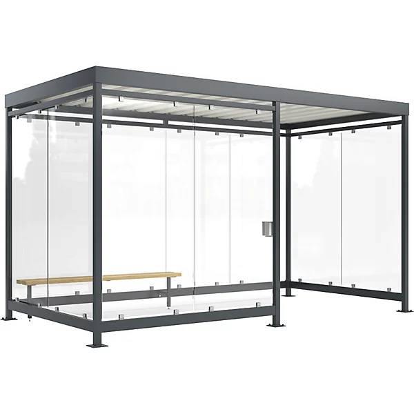Überdachung Köln mit Sitzbank und Ascher offen fertig montiert B 4195 mm mit 2 Sitzbänken 10 Glaselemente.