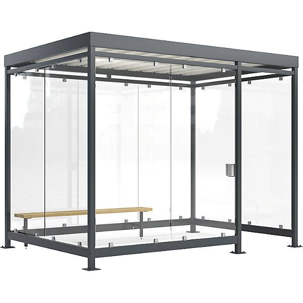 Überdachung Köln mit Sitzbank und Ascher offen fertig montiert B 3180 mm mit Sitzbank 9 Glaselemente.-0