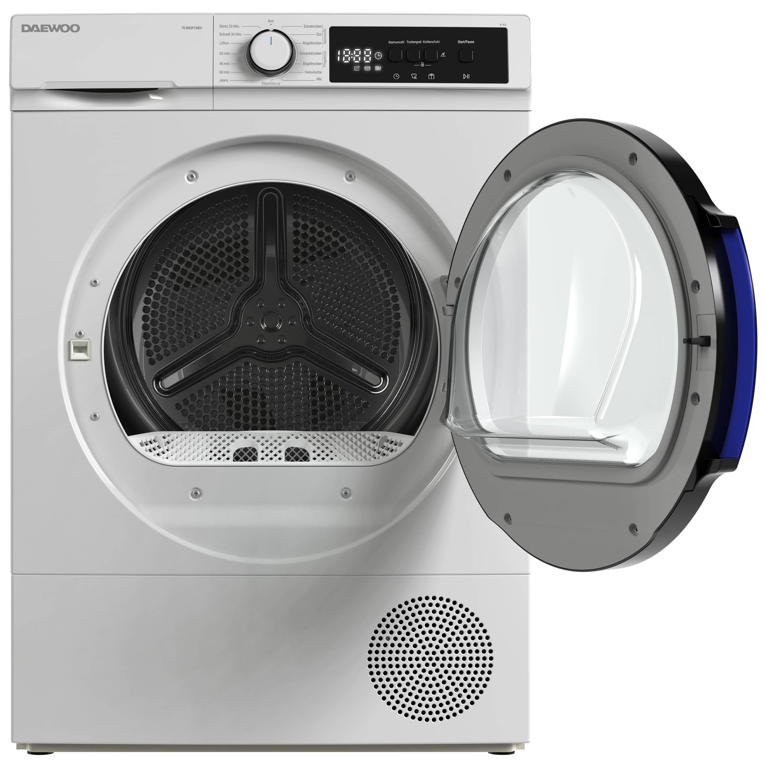 Daewoo TD-B8GP1WD0-DE Wäschetrockner Frontlader, D, 8 kg Wärmepumpentrockner, 15 Programme, Kurzprogramm, Knitterschutz-1