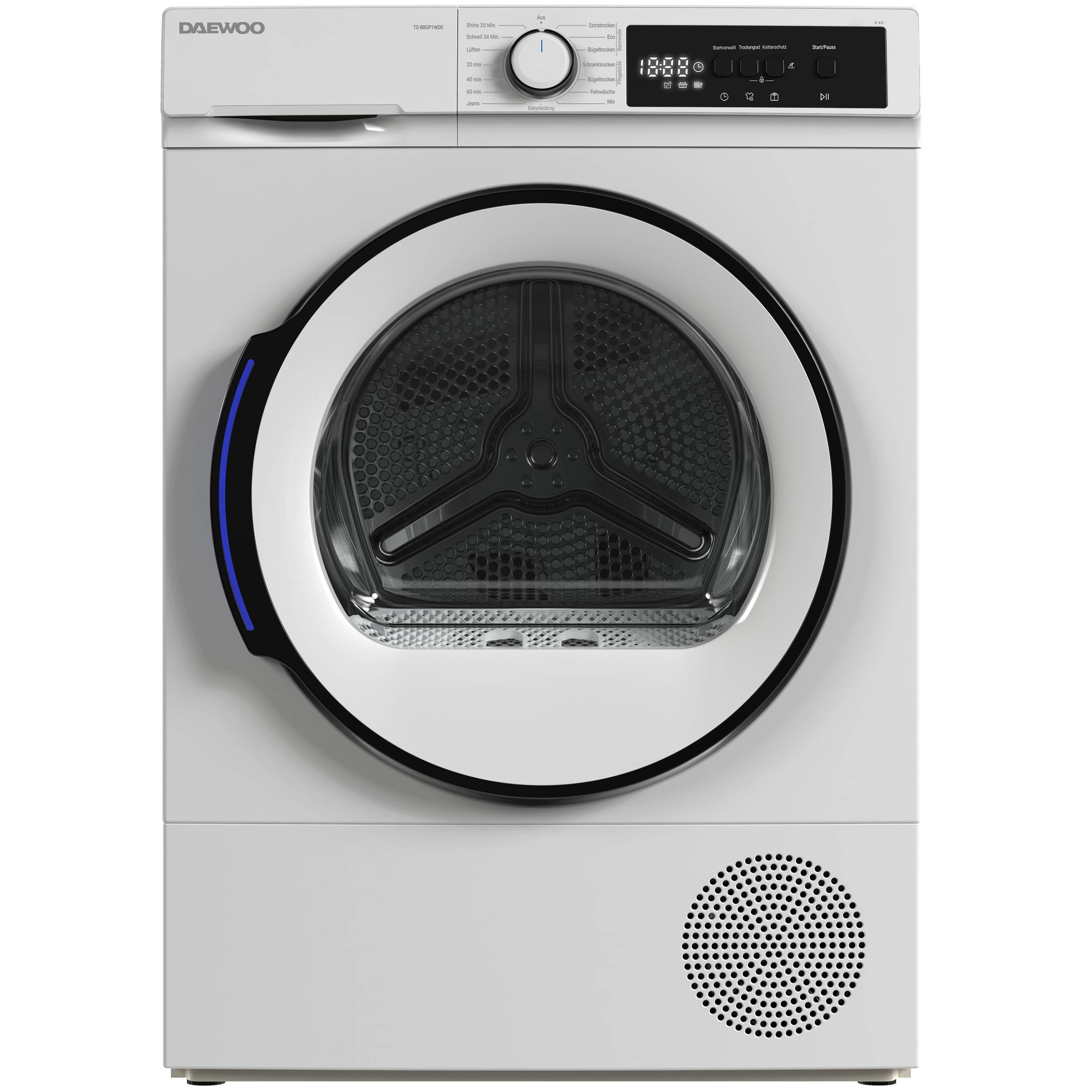 Daewoo TD-B8GP1WD0-DE Wäschetrockner Frontlader, D, 8 kg Wärmepumpentrockner, 15 Programme, Kurzprogramm, Knitterschutz-0