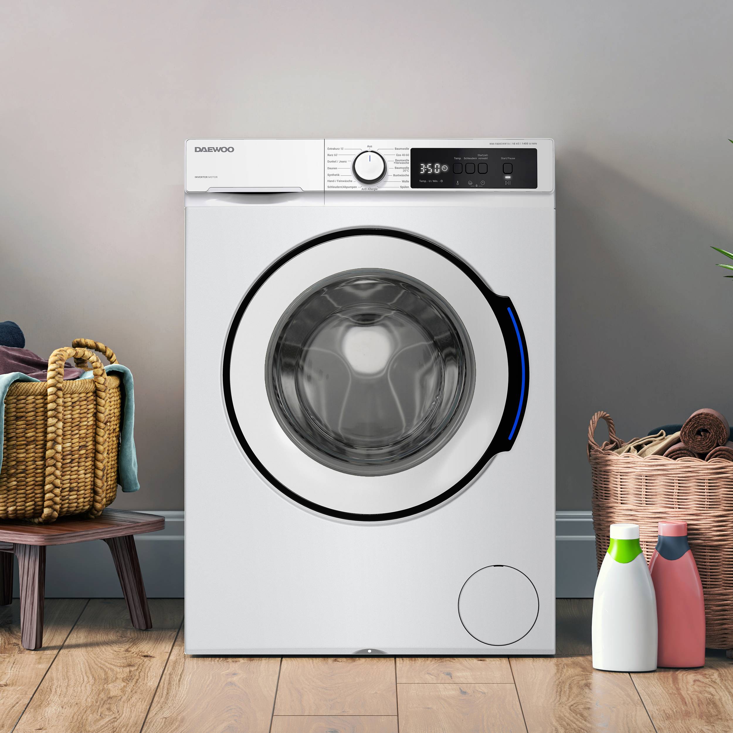 Daewoo Waschmaschine Frontlader, 10 kg, 1400 U/min., Inverter-Motor, Allergy Safe-Programm, EEK A, Weiß-2