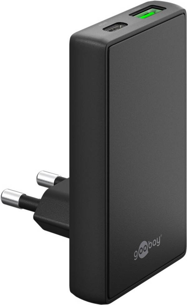 Goobay 75719 USB-C GaN Schnellladegerät 90° Flat (45 W), Power Delivery, Dual-Port 1x USB-C & 1x USB-A, Schwarz