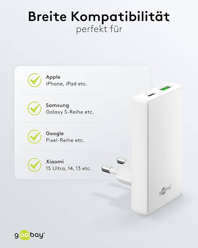 Goobay 75720 USB-C GaN Schnellladegerät 90° Flat (45 W), Power Delivery, Dual-Port 1x USB-C & 1x USB-A, Weiß-6