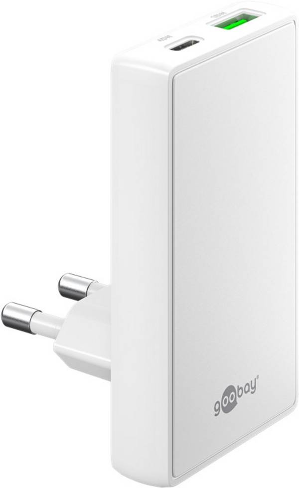 Goobay 75720 USB-C GaN Schnellladegerät 90° Flat (45 W), Power Delivery, Dual-Port 1x USB-C & 1x USB-A, Weiß