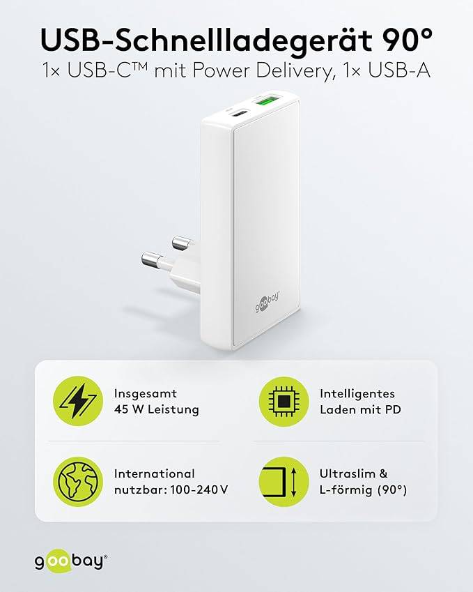 Goobay 75720 USB-C GaN Schnellladegerät 90° Flat (45 W), Power Delivery, Dual-Port 1x USB-C & 1x USB-A, Weiß-1