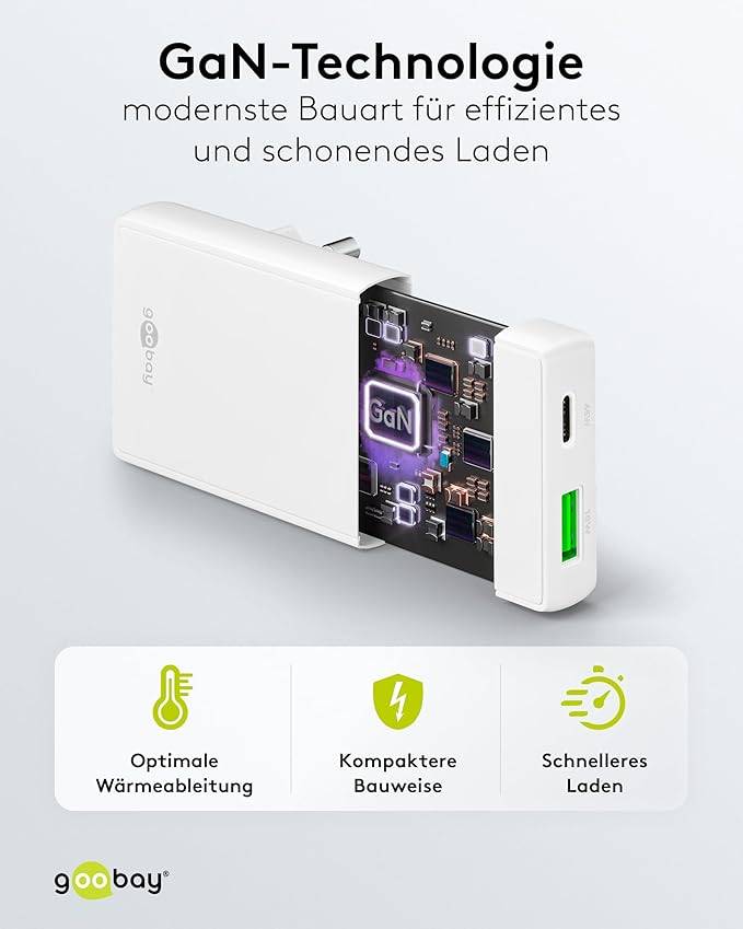 Goobay 75720 USB-C GaN Schnellladegerät 90° Flat (45 W), Power Delivery, Dual-Port 1x USB-C & 1x USB-A, Weiß-3