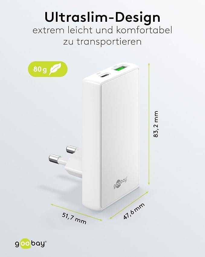 Goobay 75720 USB-C GaN Schnellladegerät 90° Flat (45 W), Power Delivery, Dual-Port 1x USB-C & 1x USB-A, Weiß-4