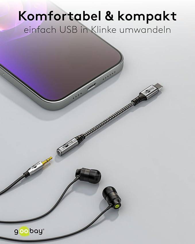 Goobay 74056 USB-C™ auf 3,5 mm Klinke Audio-Adapter, Textilkabel, Metallstecker mit Knickschutz, Schwarz/Grau-4