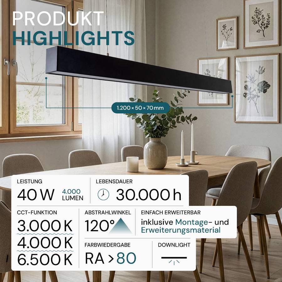 LUXULA LED Büro- Tresenleuchte 40W 3000- 6500K Warm- Kaltweiß 4000lm 120cm LIFUD Erweiterbar Pendelleuchte Schwarz-1