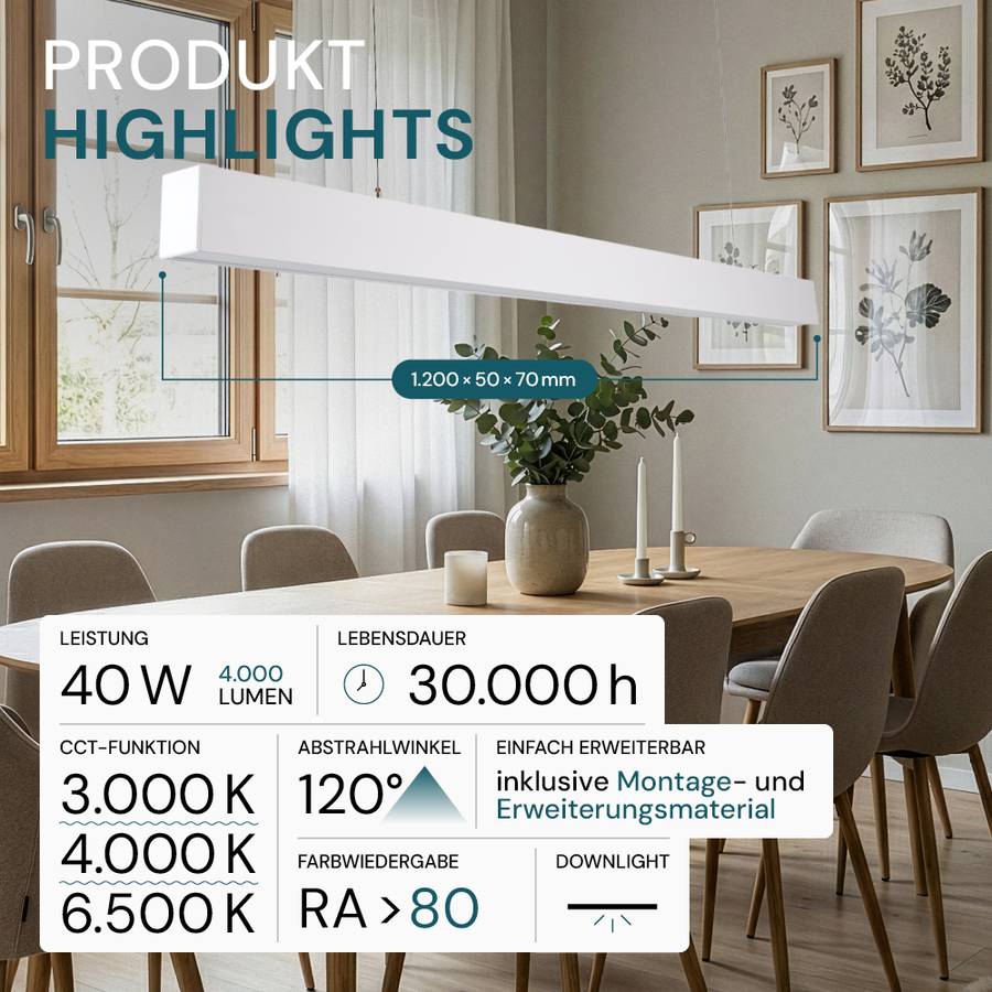 LUXULA LED Pendelleuchte 40W 3000- 6500K Warm- Kaltweiß 4000lm 120cm LIFUD Netzteil Erweiterbar Büro Tresenleuchte Weiß-1