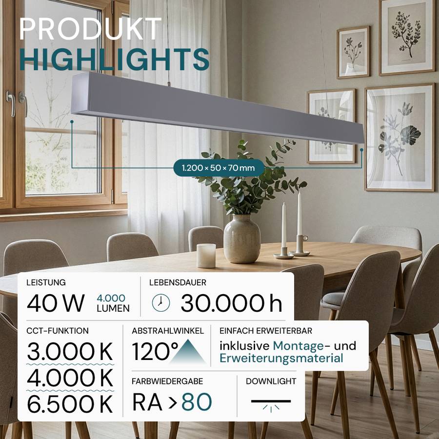 LUXULA LED Büro- Tresenleuchte 40W 3000- 6500K Warm- Kaltweiß 4000lm 120cm LIFUD Netzteil Erweiterbar Pendelleuchte Grau-1