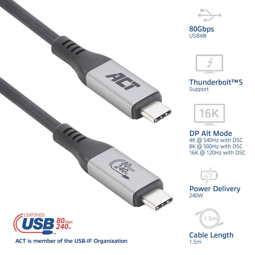 ACT AC7452 USB4® 80Gbps Thunderbolt™5 240W USB Typ-C® Kabel | USB-IF zertifiziert | 1,5 Meter | Schwarz-1
