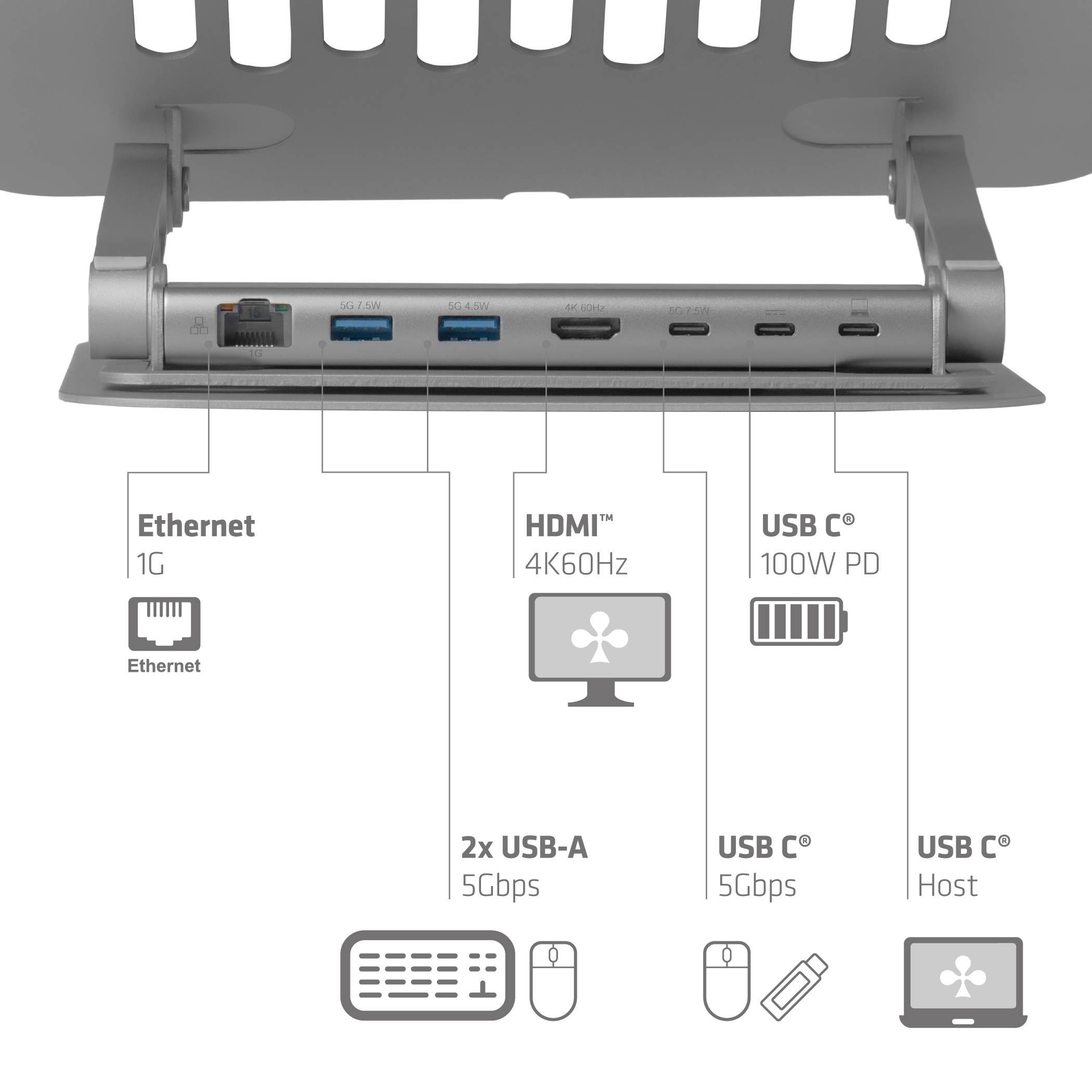 Club3D Laptopständer mit USB-C HUB 100W 360° 4K60Hz Multimedia-Technik HUBs-4