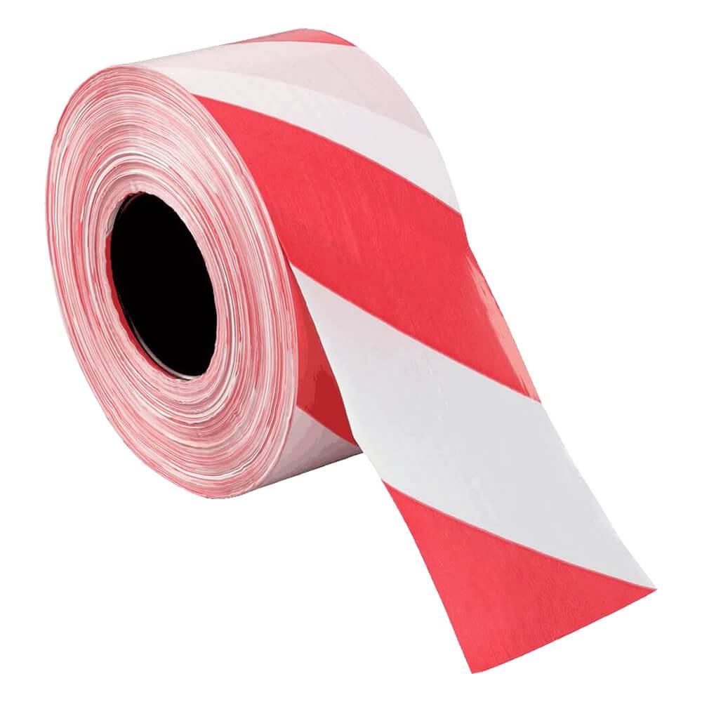 Absperrband aus PE auf Rolle, Abrollkarton, rot/weiß schraffiert, 500 m-0