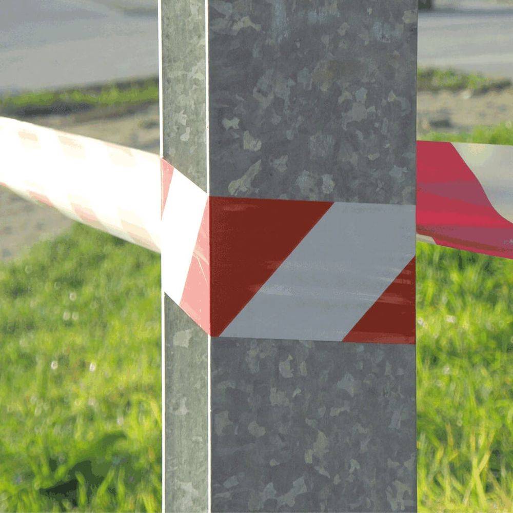 Absperrband aus PE auf Rolle, Abrollkarton, rot/weiß schraffiert, 500 m-2