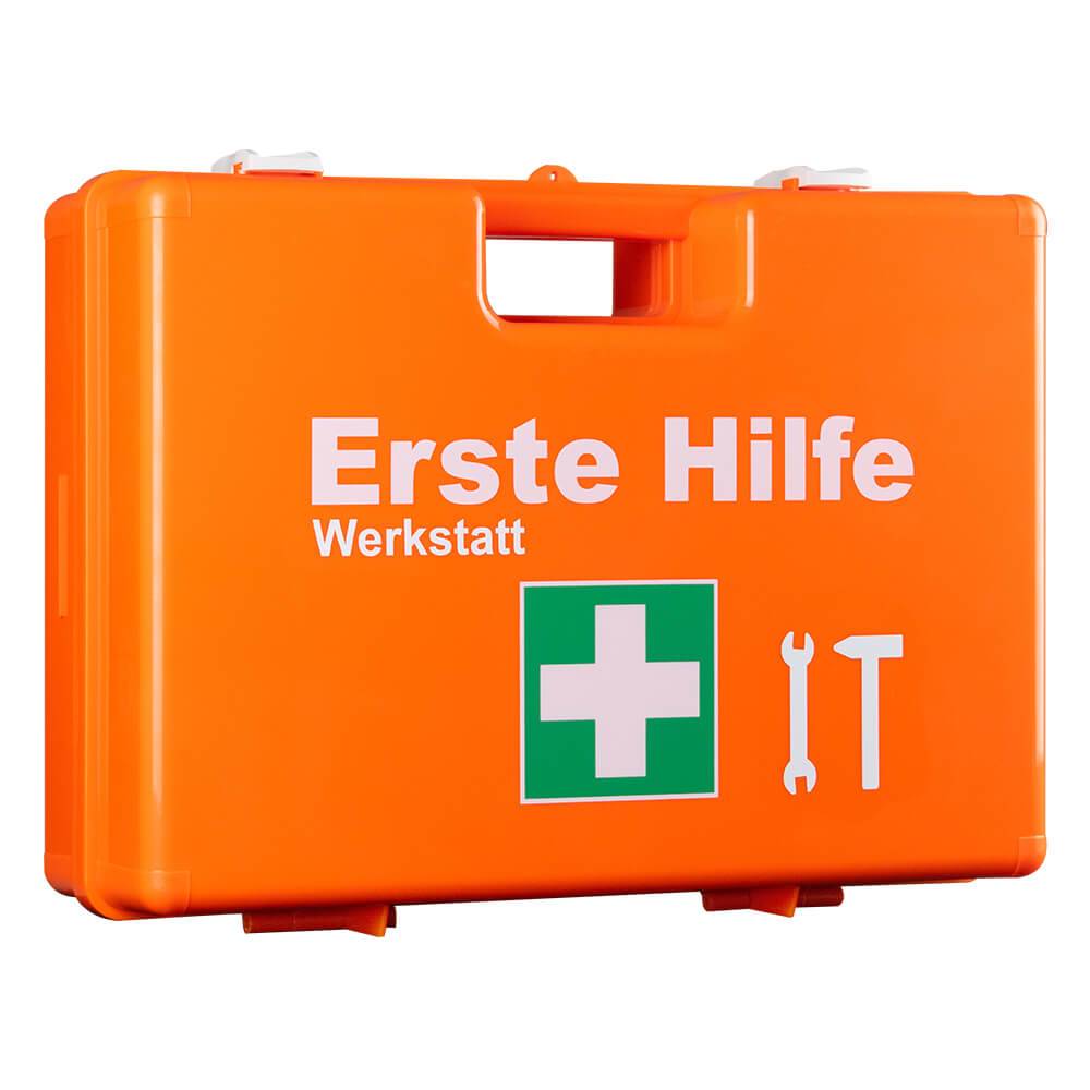 Erste-Hilfe-Koffer Werkstatt orange, erweiterte DIN 13157 Füllung, Wandhalterung-0