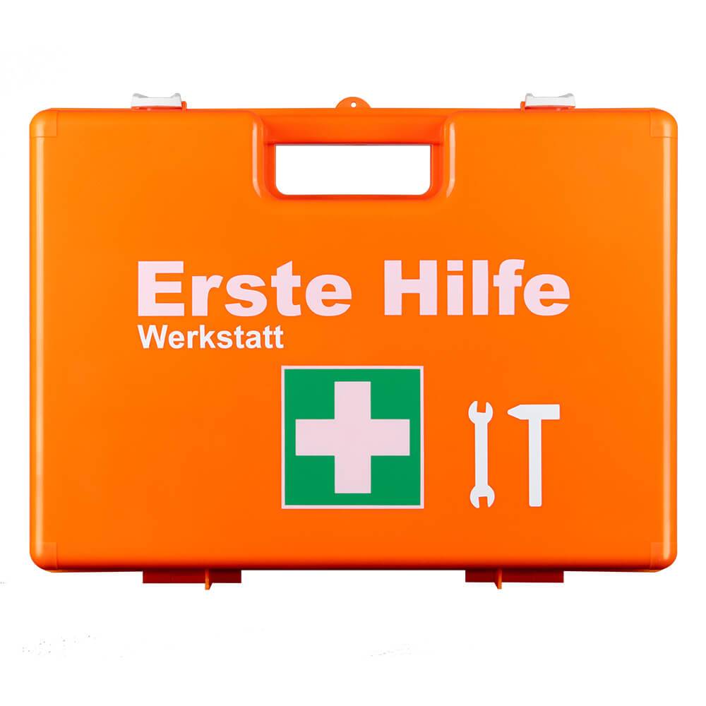 Erste-Hilfe-Koffer Werkstatt orange, erweiterte DIN 13157 Füllung, Wandhalterung-1
