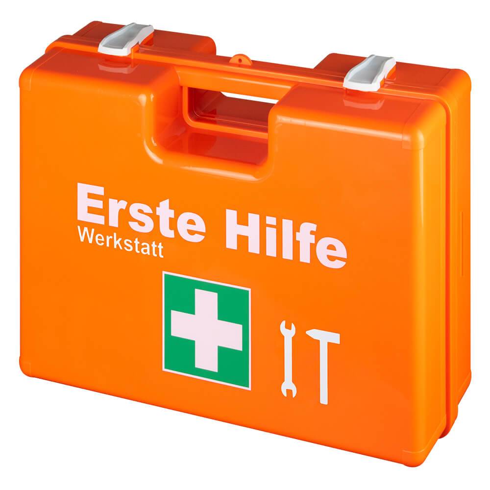 Erste-Hilfe-Koffer Werkstatt orange, erweiterte DIN 13157 Füllung, Wandhalterung-2