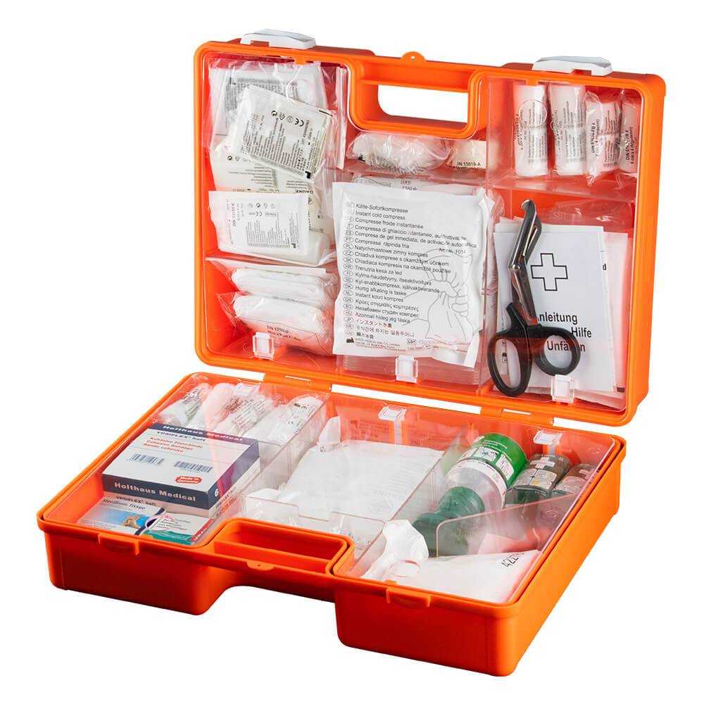 Erste-Hilfe-Koffer Werkstatt orange, erweiterte DIN 13157 Füllung, Wandhalterung-3