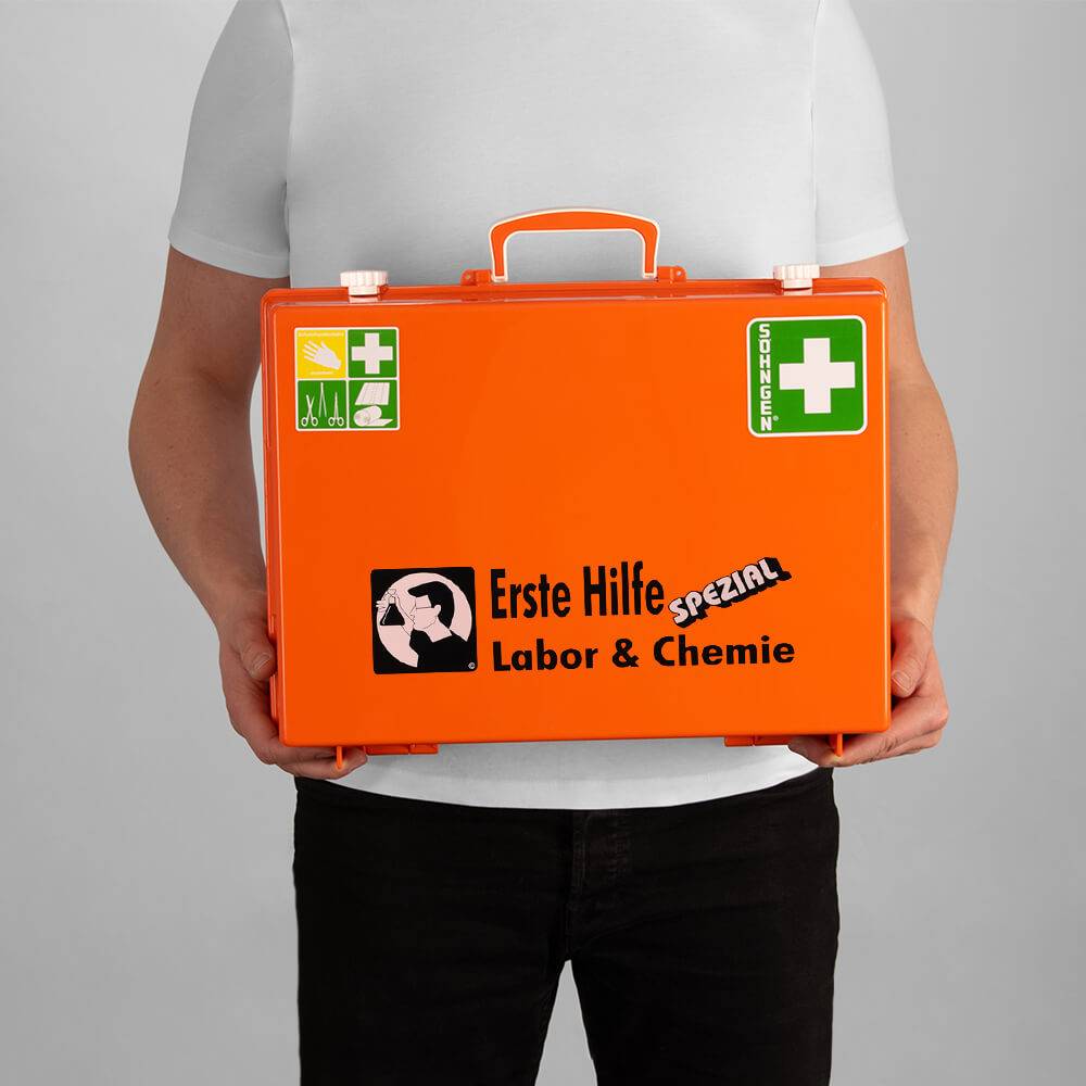 SÖHNGEN Erste-Hilfe-Koffer Labor/Chemie, Wandhalt., orange, ASR A4.3/DIN 13157-2