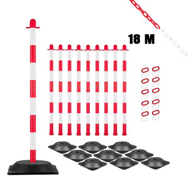 Kettenpfostenset UNI, Viereck, 10 Stück, rot/weiß, mit 18 m Kette