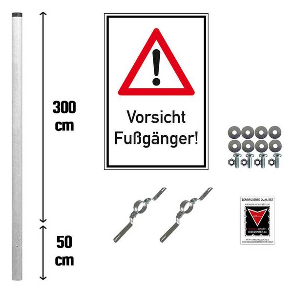 Komplett-Set, Warnschild, Vorsicht Fußgänger!, Pfosten, Alu, 40 x 60 cm