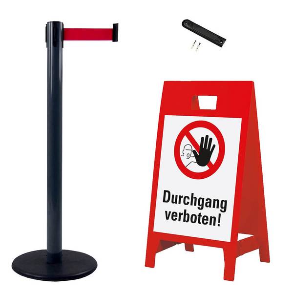 Absperr-Kombi-Set mit Gurtpfosten, Wandhalterung und Warnaufsteller