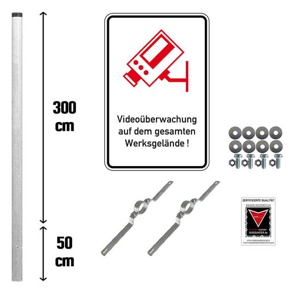 Komplett-Set, Hinweisschild Videoüberwachung auf Werksgelände, RA, Alu, 60x90 cm