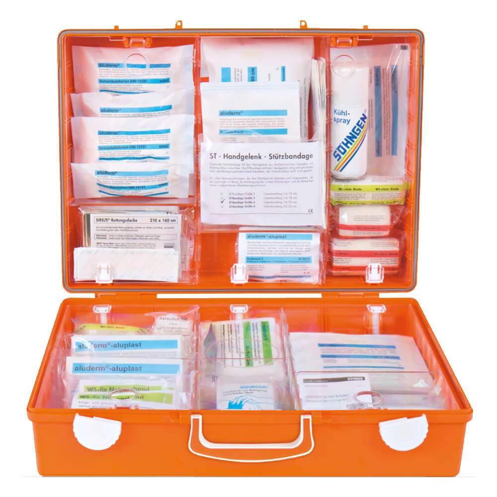 SÖHNGEN Erste-Hilfe-Koffer Labor/Chemie, Wandhalt., orange, ASR A4.3/DIN 13157-4