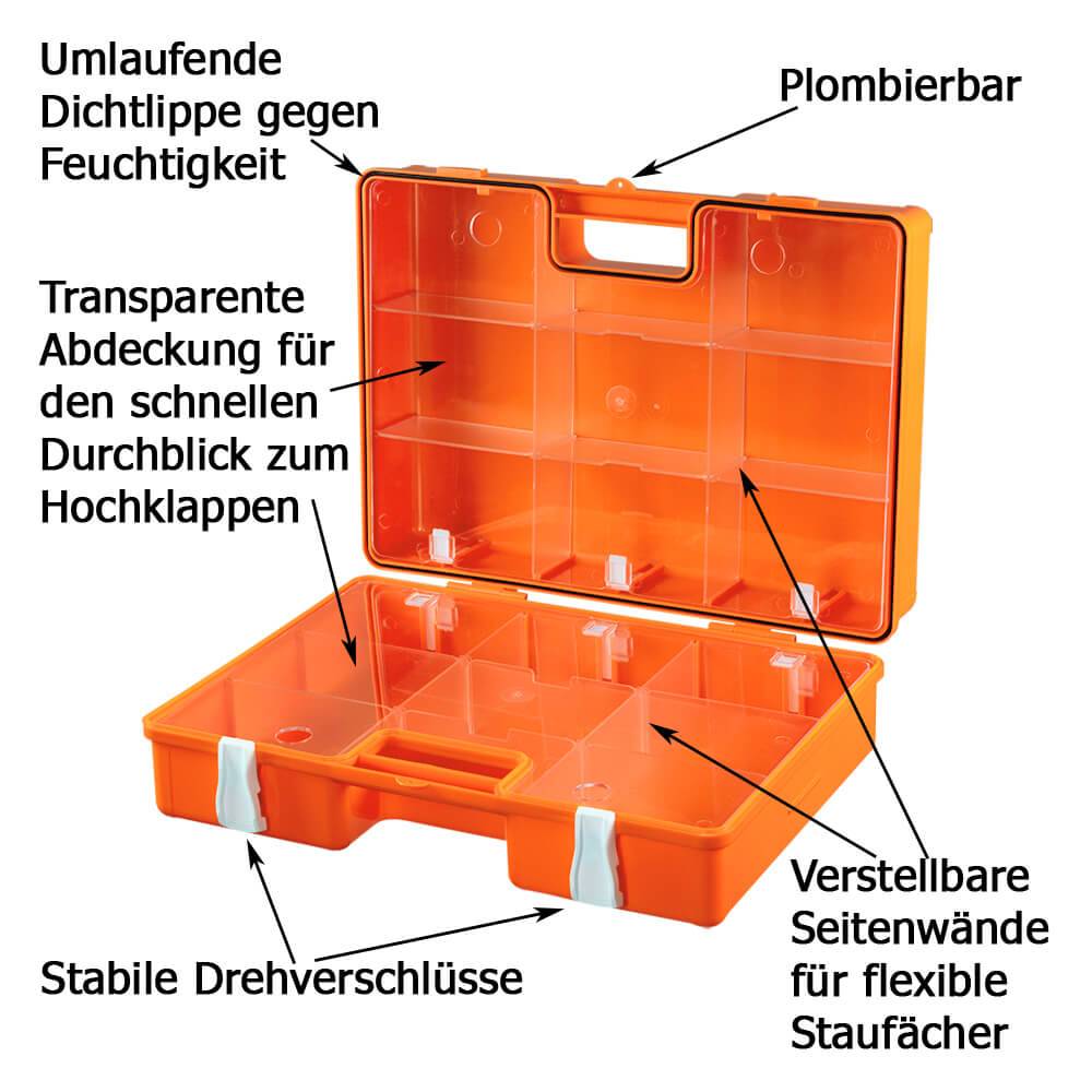 Erste-Hilfe-Koffer Werkstatt orange, erweiterte DIN 13157 Füllung, Wandhalterung-4