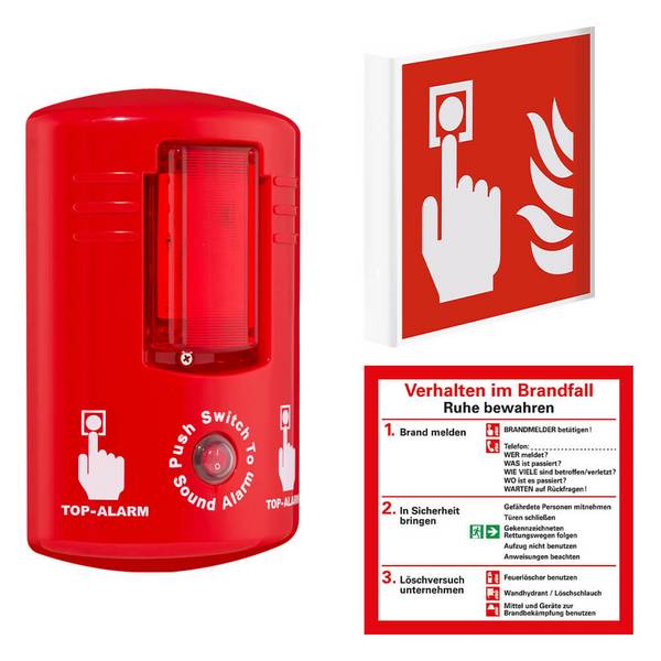 Alarm, Sirene & Blitzlicht, manuell, rot, 100 dB, 16x7,5x26 cm, inkl. Schilder